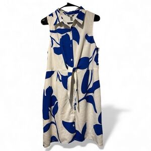 Nine West Blue & Ivory Print Sleeveless Shirt Dress Tie Waist • Size L